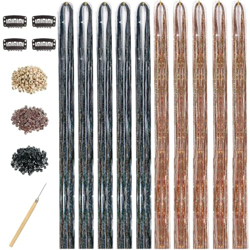 Hair Tinsel Kit for Girls, 10 Pcs 4200 Strands Fairy Tinsel Hair Extensions Holographic Hair Tinsel Heat Resistant Colored Hair Glitter Christmas Party Festival (Black+Bronze Gold)