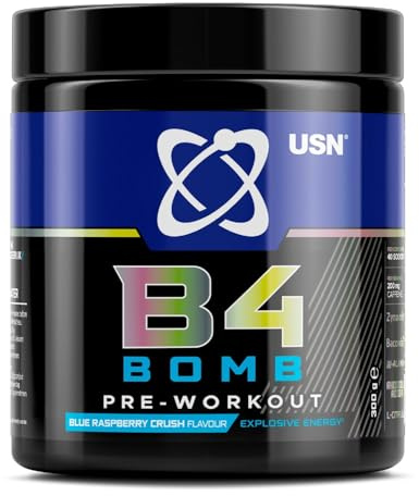 USN B4 Bomb Pre Workout Powder - 300g (20 Servings) Energy Drink Powder for Explosive Energy & Performance, 200mg Caffeine, 6000mg Citrulline, Creatine & 2000mg Beta Alanine - Blue Raspberry Flavour