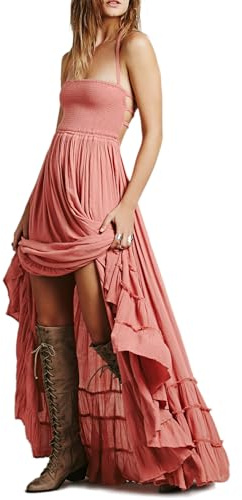 R.Vivimos Womens Summer Boho Sexy Backless Long Dresses (Small, Pink)