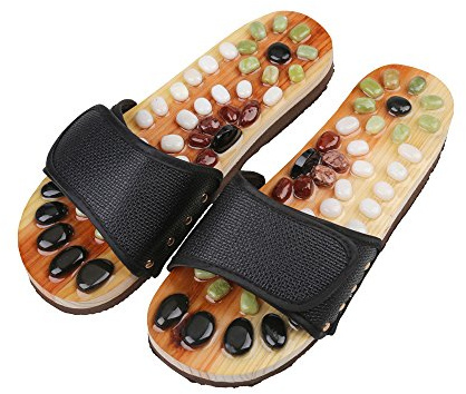 Romonacr Massagetofflor fotmassageskor Shiatsu slappna av sandaler naturliga kullersten stenar S (kvinnor 6,5/män 5,5) svart