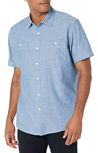 Amazon Essentials Men's Kortärmad Chambray-skjorta, Mellanblå, L