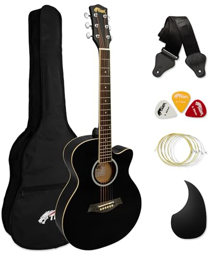 Tiger ACG1-BK34 Acoustic Guitar with Steel Strings – 3/4 Size – for Beginners aged 9+ – Bag, Strap, Spare Strings, Scratchplate and Pick Included - 6 Months Free Lessons - Black