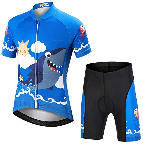 YFPICO Niños Traje de Ciclismo Transpirable para Deportes al Aire Libre Ropa Ajustada Cuerpo Pantalones + Tops Especial de la Almohadilla, Azul tiburón Tops+Pantalones, S（3-4 años