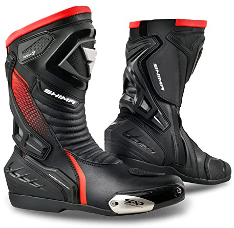 SHIMA RSX-6 Men, Motorradsteifel Herren - Verstärkte Leder Motorradschuhe mit Seitlichem Reißverschluss, Knöchelstütze, Anti Rutsch Sohle, Schaltgriff (Red Fluo, 44)