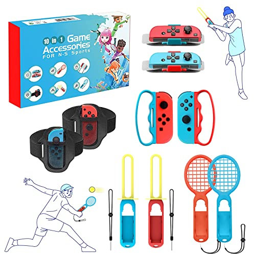10 in 1 NS Switch Sport Spiel Zubehör Switch Sports Bundle für Switch 2 Stück Fußball Beinschlaufe Volleyball Handschlaufe Fechtgriff Badminton- und Tennisschläger Bowlinggriff für Joy Con