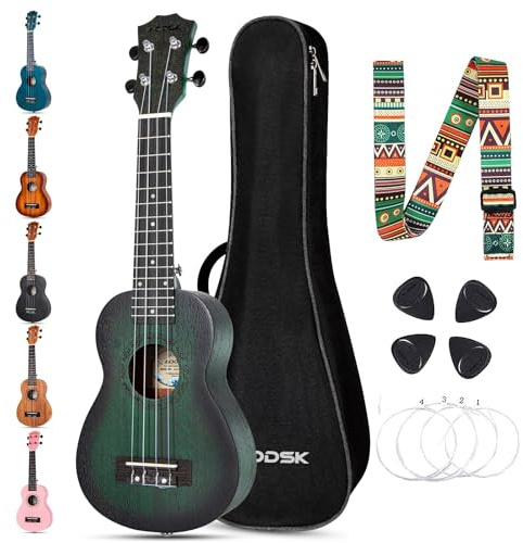 AODSK Soprano Green Ukulele for Beginner 21 Inch Ukelele with Gig Bag Strap Nylon String 4 Picks Holiday Gift