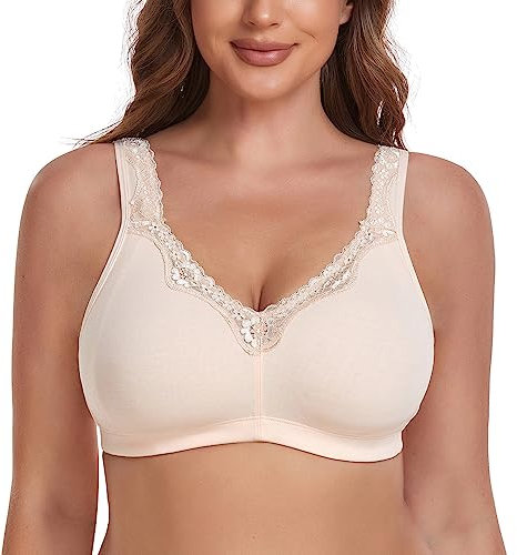 Ayigedu Women's Wireless Plus Size Lace Comfort Cotton Bra Full Coverage Unlined Minimizer Bra 38E Beige