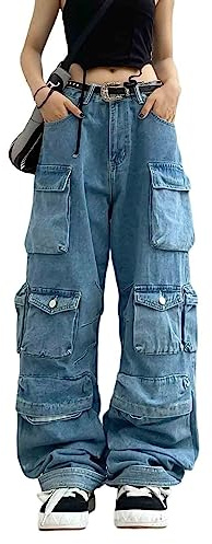 Women's Cargo Pants Y2K Clothing Multi-Pocket Relaxed Fit Jeans Grunge Clothes Alt Emo Hip Streetwear (Blue,L)
