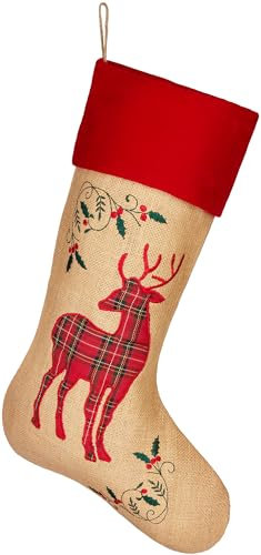 BRUBAKER Weihnachtsstrumpf zum Befüllen und Aufhängen - 52 cm großer Nikolausstrumpf aus Jute - Weihnachtsdeko Weihnachtssocke Strümpfe für Weihnachten und Nikolaus - Rentiere Rot Karomuster