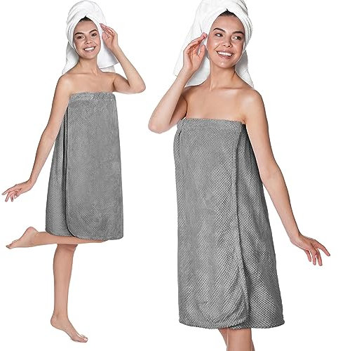 SATINIOR 2 Pcs Towel Wrap for Women Lightweight Spa Robe with Adjustable Closure Elastic Top Soft Bathrobe Spa Wrap (Gray)