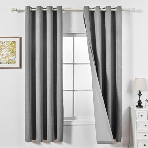 MYSKY HOME Rideau Gris Foncé Occultant Thermiques 140x200(LxH) Rideaux Lin 30% Opaque à Oeillets Anti Froid Draperies Chaleur pour Chambre Salon Maison, Decoration Curtains Lot de 2