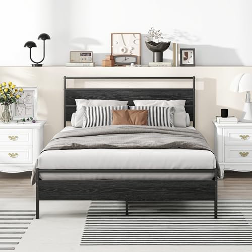 HOJINLINERO Small Double Bed Frame with Wood Headboard,Metal Platform Bed Frame Double Bed No Box Spring Needed,Mattress Foundation,Heavy Duty Metal Slats Support,No Noise,Black