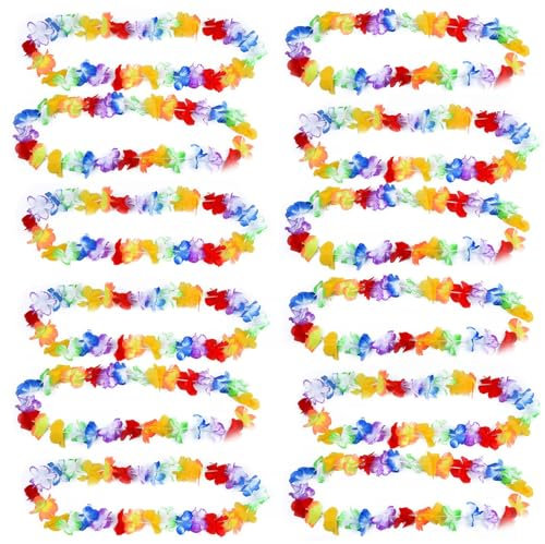 12 Pcs Lei Garlands for Hawaiian Party - Luau Aloha Flower Decorations and Beach Pool Accessories for Fancy Dress, Adults & Kids
