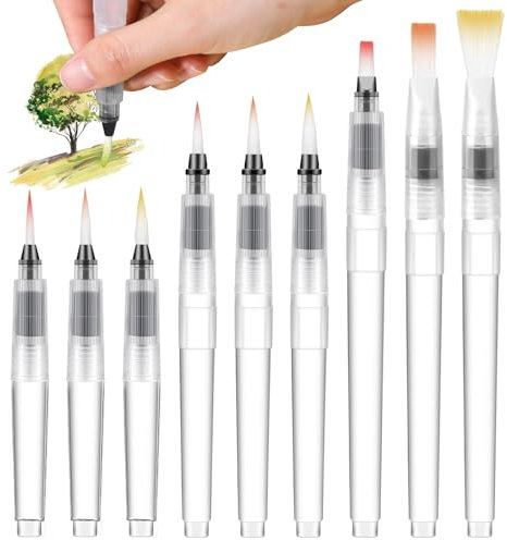 KALIONE 9 StüCk Wasserpinsel Stifte, Aquarellstifte, Aquarellpinsel, AuffüLlbare Wassertankpinsel, NachfüLlbare Aquarellpinselstifte, Wasserpinselstifte, Zum Mischen Von Aquarellfarben
