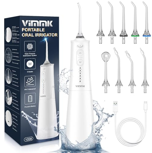 VIMMK Hilo dental de agua, hilo dental inalámbrico, 9 puntas de chorro, 5 modos de 300 ml, IPX7, impermeable, irrigador oral recargable portátil para viajes en casa, encías, ortodoncia, cuidado de