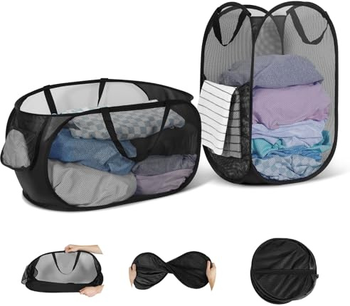 Cesta de lavandería plegable WUFANC, paquete de 2 (36 x 36 x 58 cm), cesta de lavandería plegable de malla con asa para baño, camping, residencia universitaria y viajes.
