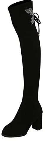 Overknees Women's Hiking Boots Women's Plain Butterfly Rhinestone Chunky High Heel Stretch Overknee Boots Women with Heel Vintage, black, 8 UK