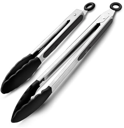 Onader Kitchen Tongs Set of 2, Silicone Food Tongs with Stainless Steel Handle, Great for Cooking Serving Barbecue, Silicone Tips & Locking Clip, Heat Proof & Dishwasher Safe, 9 & 12 Inch - Black