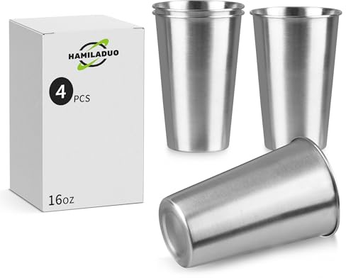 HAMILADUO 4Pack 16 oz Stainless Steel Pint Cups,Stainless Steel Cup,Pint Cup Tumbler，water Tumbler,Stackable,Reusable,BPA Free, (4)