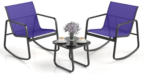 COSTWAY Salon de Jardin 3 Pièces avec Chaises à Bascule Table en Verre, Ensemble de Meuble Extérieur 2 Fauteuils Cadre Métallique Charge 150KG, pour Porche Bord de Piscine Balcon (Bleu)