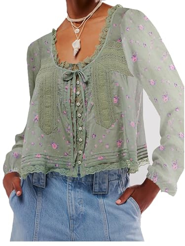 Yoisdtxc Women Boho Tops Lace Tie Up Front Sheer Blouses Spring Fall Casual Tops (B-Emerald Green, M)