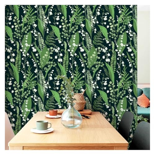 OPIGJUFD Träpanelstapet gröna mörka blad, för att dra av och klistra fast, tapet, vit blomma, självhäftande kontaktpapper, vattentätt, för kök badrum, PVC-dekor (44 cm x 300 cm)