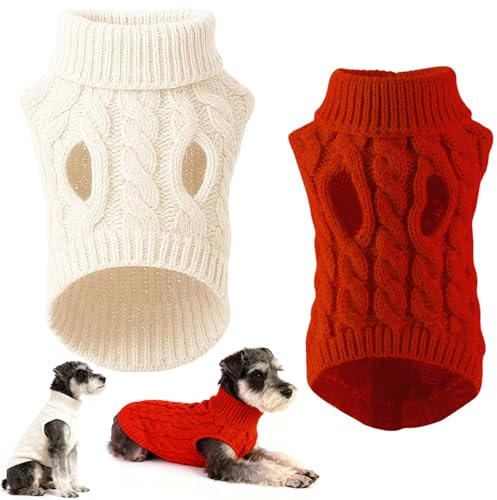 Dog Jumper, 2 Pcs Pet Dog Turtleneck Knitting Sweater Clothes Warm Winter Knit Sweater Cozy Coat Apparel Puppy Vest Clothing for Small Dogs and Puppies Dachshund (White and Red)