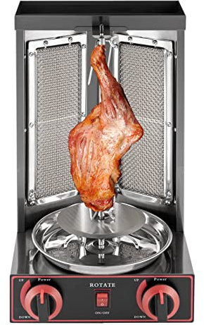 Barbacoa de gas de 3000 W para el hogar, parrilla vertical, Gyrosgrill 360°, ángulo de rotación de 360°, Shawarma Gyros Grill 2 quemadores, rango de temperatura, pincho kebab para el hogar/comercial
