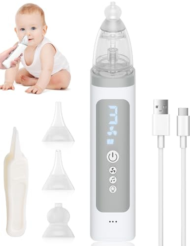 Aspirador nasal eléctrico para recién nacidos, 3 niveles de succión, aspirador nasal para niños, con 3 puntas reutilizables de silicona, música y luz para bebés pequeños a partir de 0 m + (blanco)