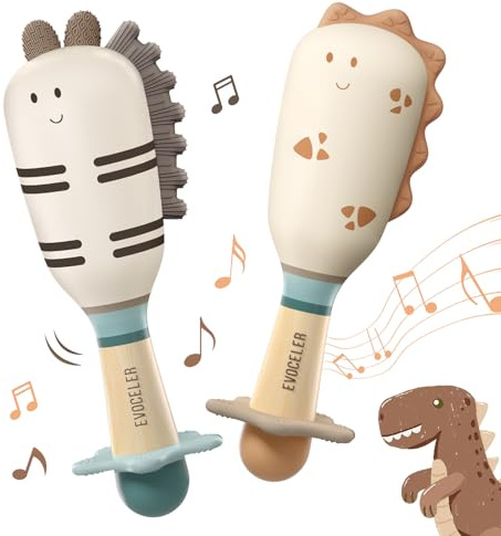 Evoceler Baby Rattle Toys, 2 Pcs Dinosaur Zebra Sensory Shaker, BPA-Free Baby Teething Toys for Newborns, Soft Sensory Toy with Sound for Babies Infant Girls Boys 0+ Months Gifts