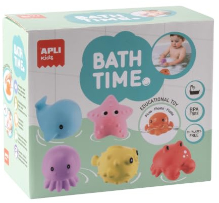 APLI Kids 20673 - 6 Animaux Sensoriels Flottants pour Le Bain | Sans BPA, sans phtalates, jeu sensoriel, différentes textures et filet avec ventouses, à partir de 2 ans