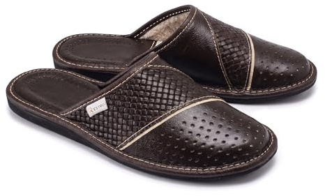 ESTRO Zapatillas De Casa De Hombre Pantuflas Casa Hombre Piel Genuina M66 (Marrón, 46 EU)