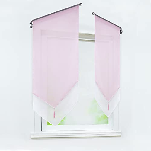 Joyswahl 1 Pièce Rideau Brise Bise Passe Tringle sans Percage avec Frange à Pompon Transparent Tamisant Lumière Elegant Rideaux de Cuisine Rose LxH 40x90cm
