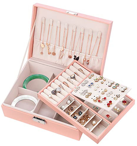 Mamowla Schmuckschatulle für Damen,Schmuckkästchen mit Schlüssel 2 lagige Schmuckaufbewahrungs Box für Halsketten,Ohrringe,Armbänder,Ringe,Schmucktasche aus PU-Leder für Mädchen und Frauen,Rosa