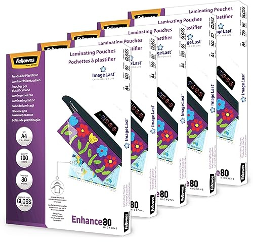 Fellowes Lamineringsfolier A4, glänsande, lamineringsfolie med 80 mic per sida, med ImageLast-orienteringshjälp, för varm laminering, sparpack med 500 högkvalitativa lamineringsfilmer (5 pack med 100