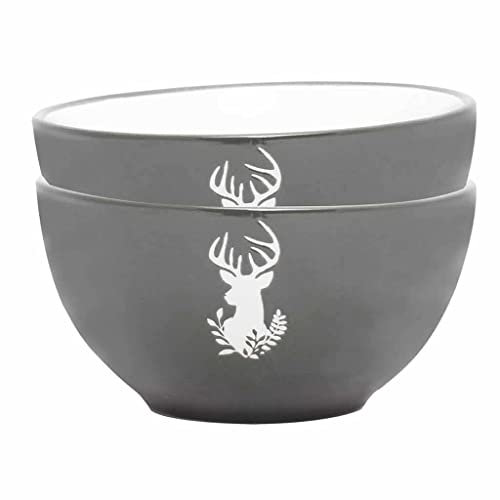 Set of 2 Bowls - Hand Painted Grey & White Stag Stoneware Crockery Dinner Service Dishwasher & Microwave Safe Dinner Table Breakfast Cereal Soup Pasta Dessert Serving Bowl
