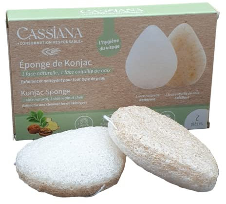 Éponge de Konjac visage Cassiana - Démaquillant double face, Nettoyant et Exfoliant - Fibres végétales 100% naturelles. Parfait pour oxygéner la peau. Diminue l'acné. Forme goutte d'eau (lot de 2)