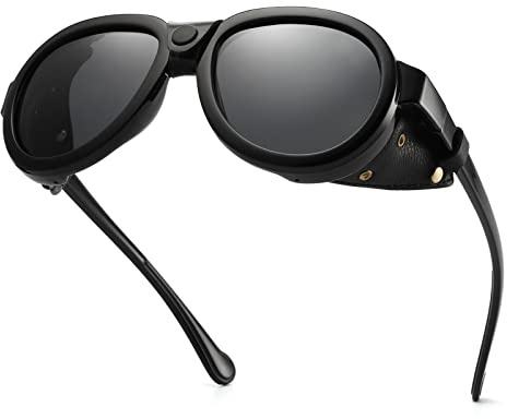 MACJERO Retro Aviator Steampunk Polarized Sunglasses with Leather Side Shield Vintage Goggles Gothic Eyewear for Men Women(Black)