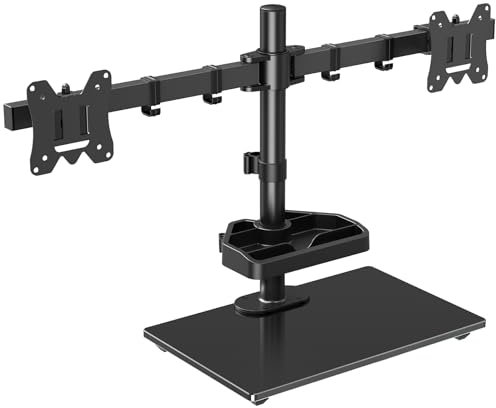 ELIVED Dual-Monitorständer für Schreibtisch mit gehärtetem Glasboden und Ablageschale für die meisten 13-27 Zoll Monitore mit VESA 75/100 mm bis zu 8 kg, höhenverstellbare Monitorhalterung EV2014