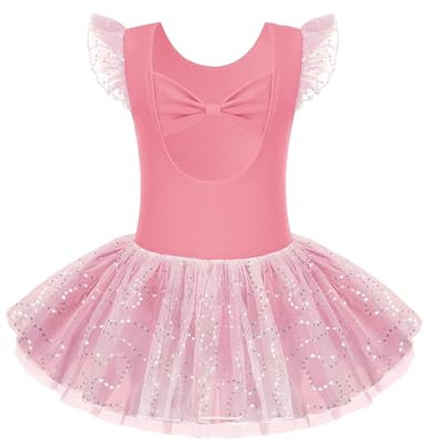 Arshiner Ballettkleider Mädchen Schleife Kurze Ärmel Ballettkleidung Tanzkleid Ballettanzug Kinder Baumwolle Balletttrikot mit Glitzer Tüllrock Korallenrosa 140