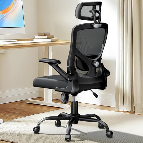 Marsail Chefsessel Bürostuhl mit Hochklappbaren Armlehnen, PU Leder Ergonomischer Schreibtischstuhl mit Kippfunktion Höhenverstellbar Drehbar Rollend für Homeoffice, Schwarz
