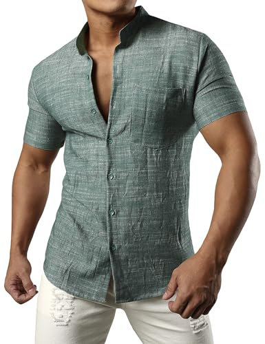 JOGAL Chemise en lin à manches courtes pour homme - Coupe droite - Chemise d'été boutonnée - Chemise de loisirs