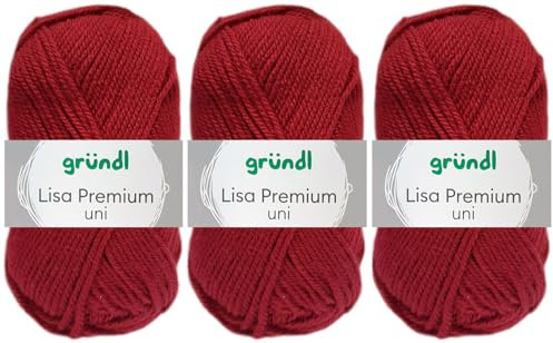 3x50 Gramm Gründl Lisa Premium Uni aus 100% Polyacryl inkl. Anleitung für Meerschwein (13 Weinrot)