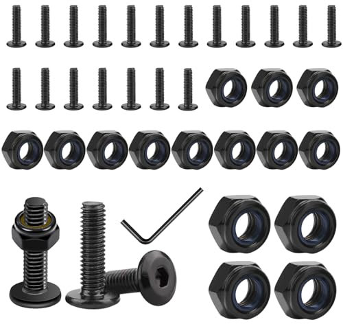 Dtoterul Lot de 20 vis à tête bombée M6 x 16 mm, 20 écrous hexagonaux, vis à tête plate M6 noir, assortiment d'écrous autobloquants, avec clé hexagonale