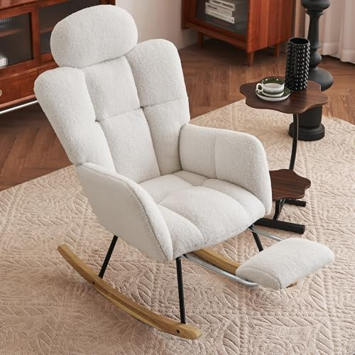 DEKKETO Rocking Chair with Headrest Footstool for Adults, Teddy Nursing Chair and Foot Stool for Nursery, Wooden Armchair for Living Room Bedroom, Ivory