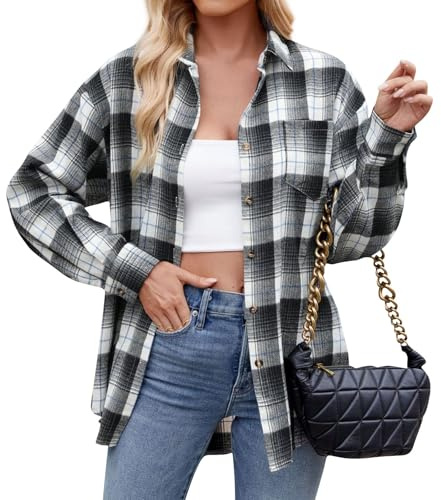 Ladies Checked Shirts Womens Classic Long Sleeve Plaid Shirt Blouse V Neck Button Down Blouse with Pocket,Grey,XXL