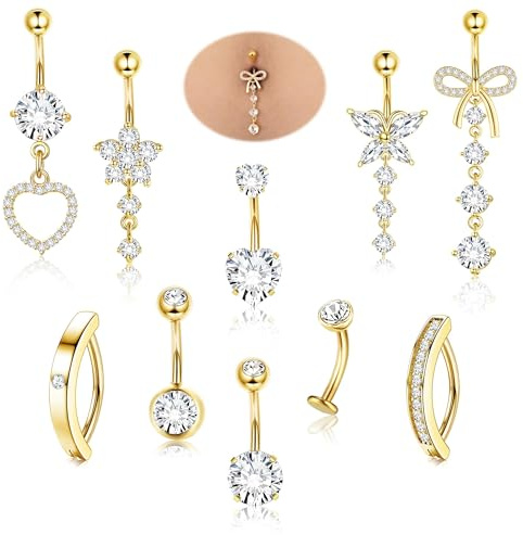 Diamday 10pcs Piercing Ombligo Acero Quirúrgico Piercing Ombligo Aro 14G Corazón Mariposa Flor Dangle Vientre Anillos para Mujeres Vientre Barras Barbell Ombligos Piercings Joyería