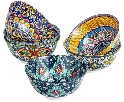 HENXFEN LEAD Cuencos para muesli de porcelana, cuencos grandes para sopa, muesli, ensalada y pasta, etc. Coloridos, paquete de 6 - Estilo bohemio