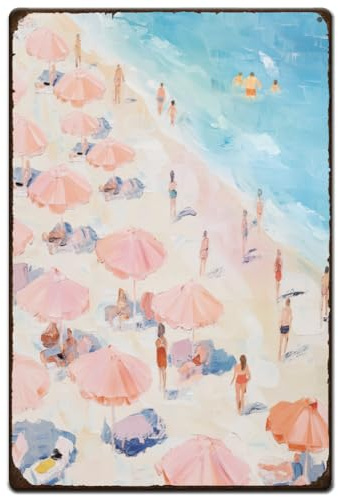 SUPERDANT Plaque Metal Vintage de Scène de Plage Plaque Murale Decorative Plage Rose Plaques Murales en Métal D'Été Panneaux et Plaques Amusants Art Mural Salon Vintage Decoration