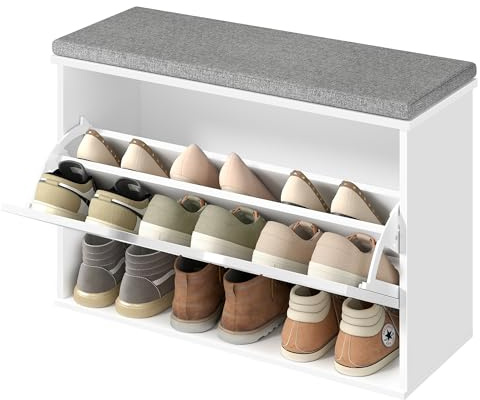 VASAGLE Banc à Chaussures Rembourré, Meuble d’Entrée sur 3 Niveaux pour 9 Paires de Chaussures, Tiroir Rabattable, 30 x 80 x 53,5 cm, pour Entrée, Chambre, Blanc Nuage et Gris Tourterelle LSB122WB01